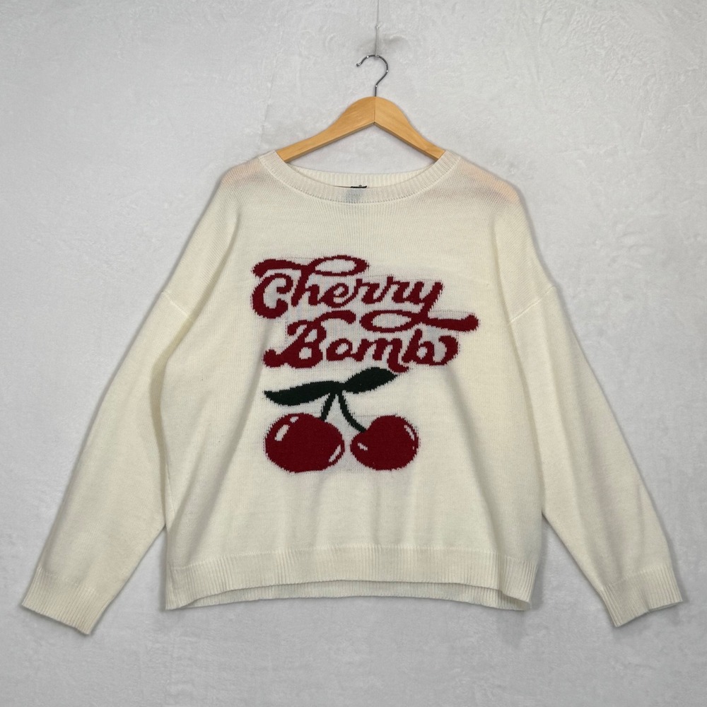 Romwe White Cherry Bomb Graphic Knit Sweater Medium